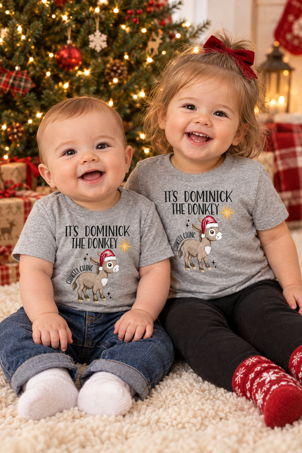 Two babies in matching Dominick the Donkey Christmas shirts by the tree