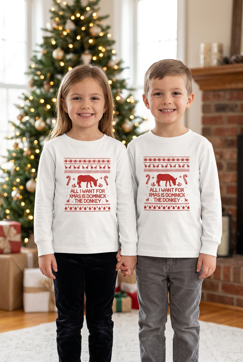 Two children around five years old wearing the Dominick the Donkey shirt at Christmas