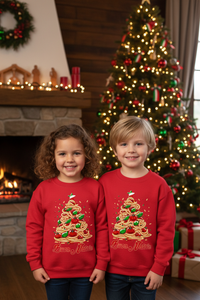 Two children wearing the exact Buon Natale pasta sweatshirts beside a Christmas tree
