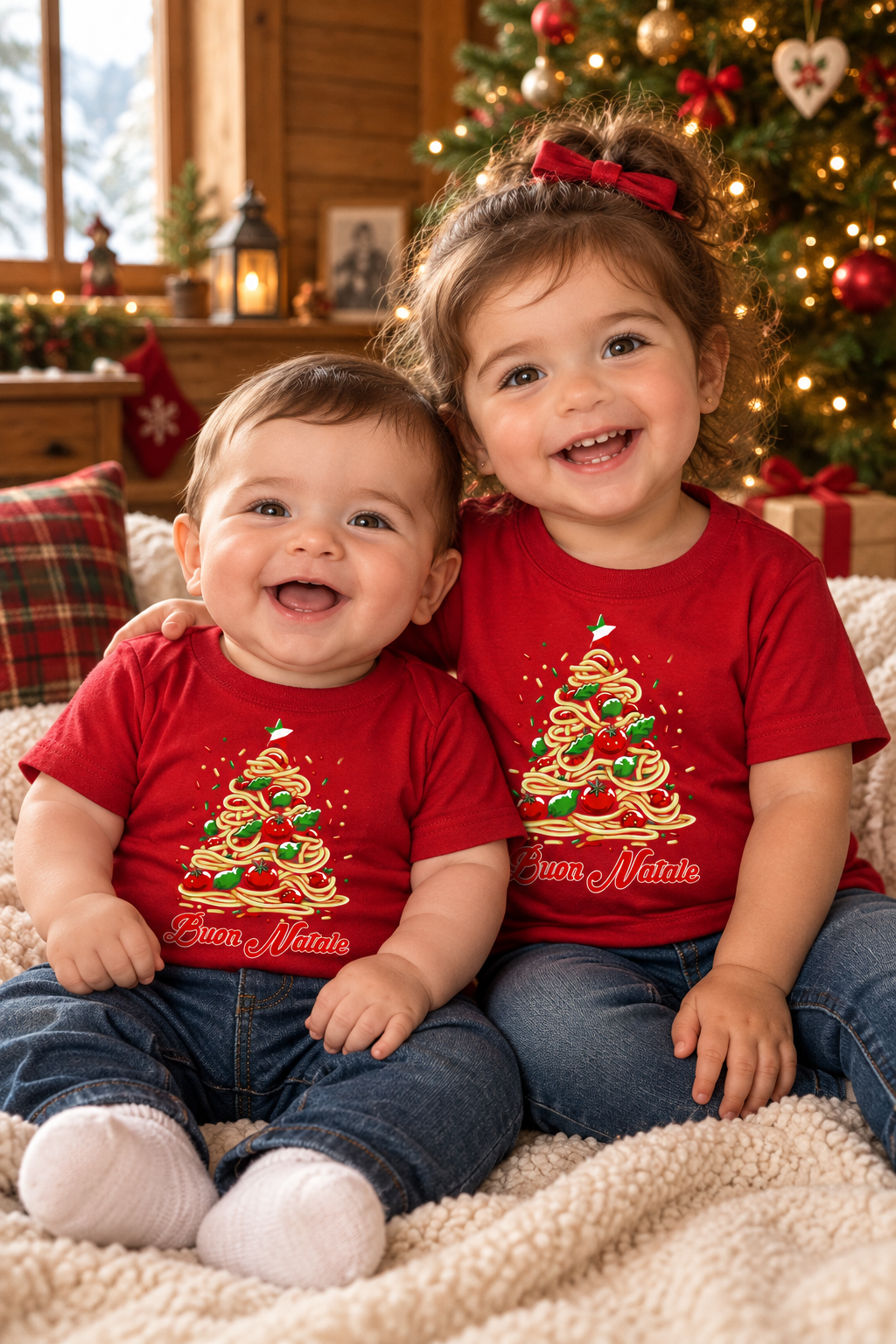 Two Italian babies wearing the Buon Natale Pasta shirt by a Christmas tree
