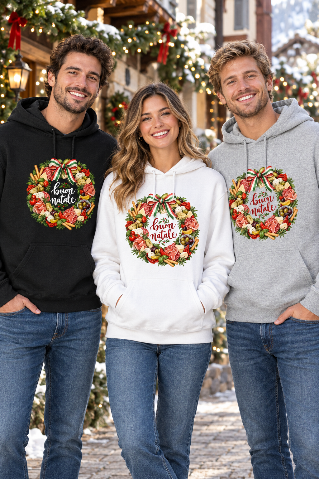 Two men and one woman outdoors wearing black, gray, and white Buon Natale Antipasto hoodies