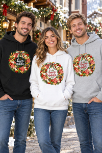 Two men and one woman outdoors wearing black, gray, and white Buon Natale Antipasto hoodies