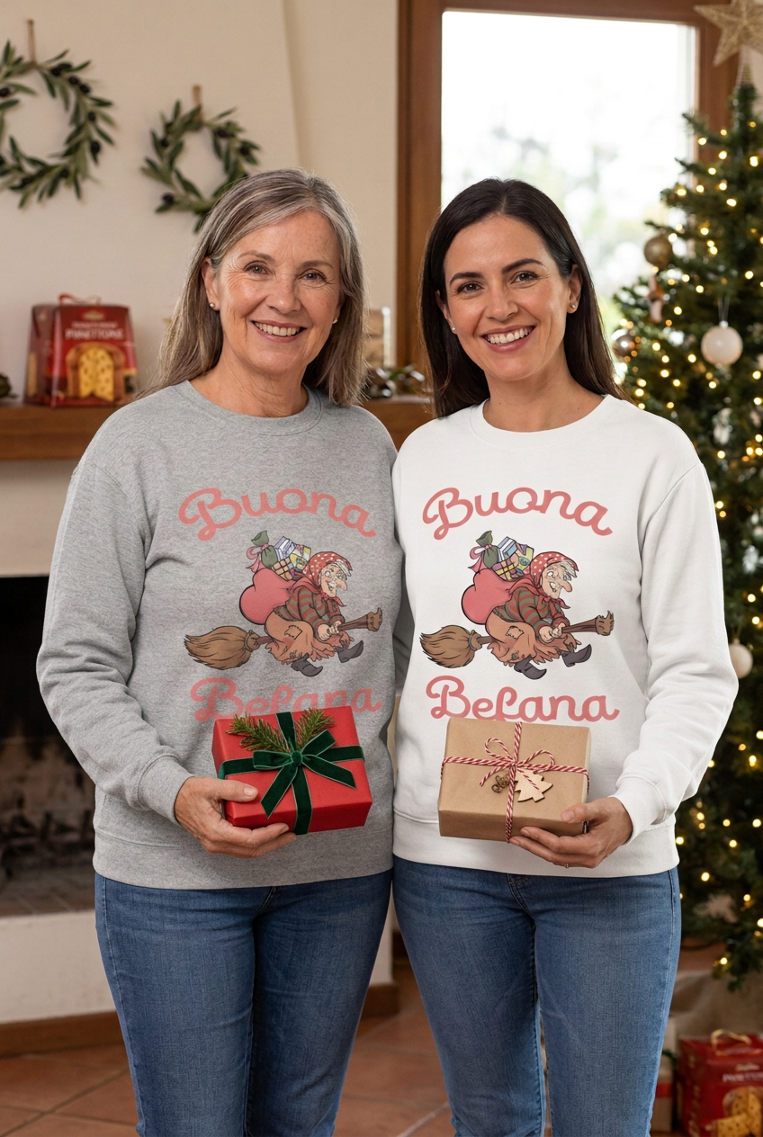 Two women in Buona Befana sweatshirts holding wrapped gifts
