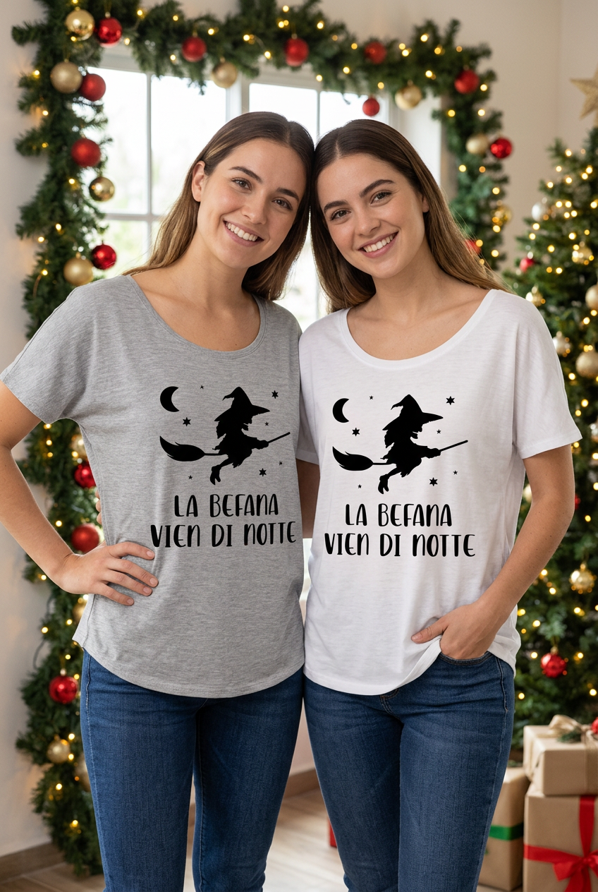 Two young women wearing gray and white La Befana slouch tops in relaxed poses