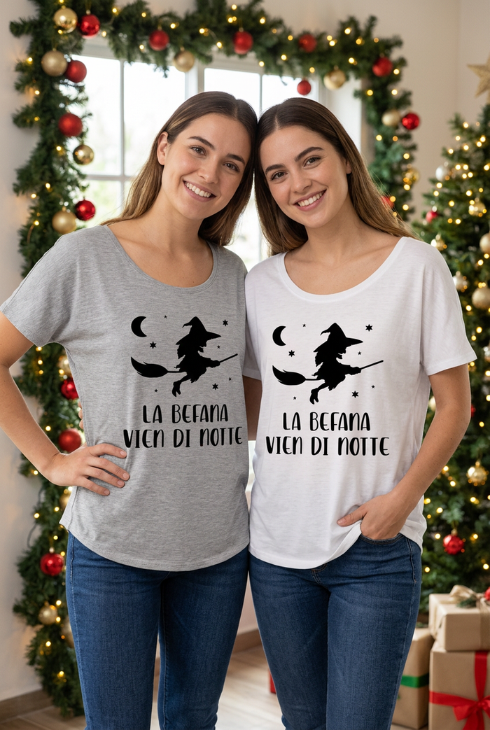 Two young women wearing gray and white La Befana slouch tops in relaxed poses