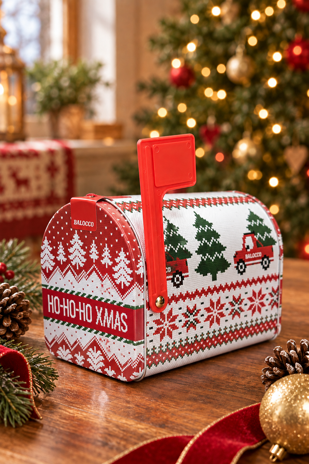White mini panettone mailbox tin in the matching Christmas setting