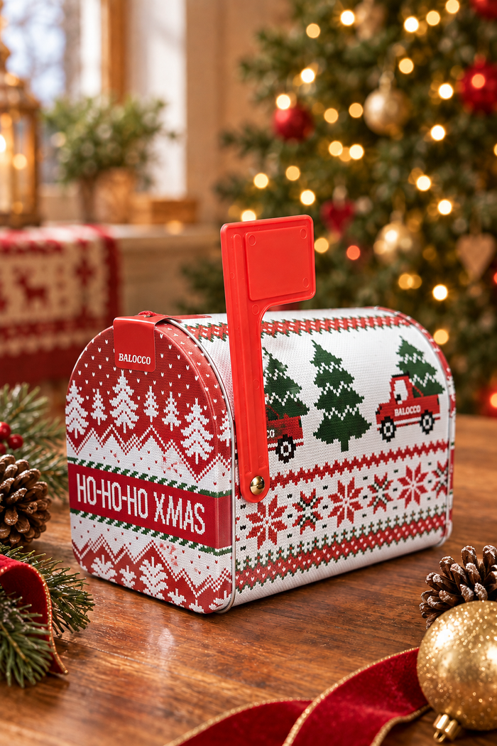 White mini panettone mailbox tin in the matching Christmas setting