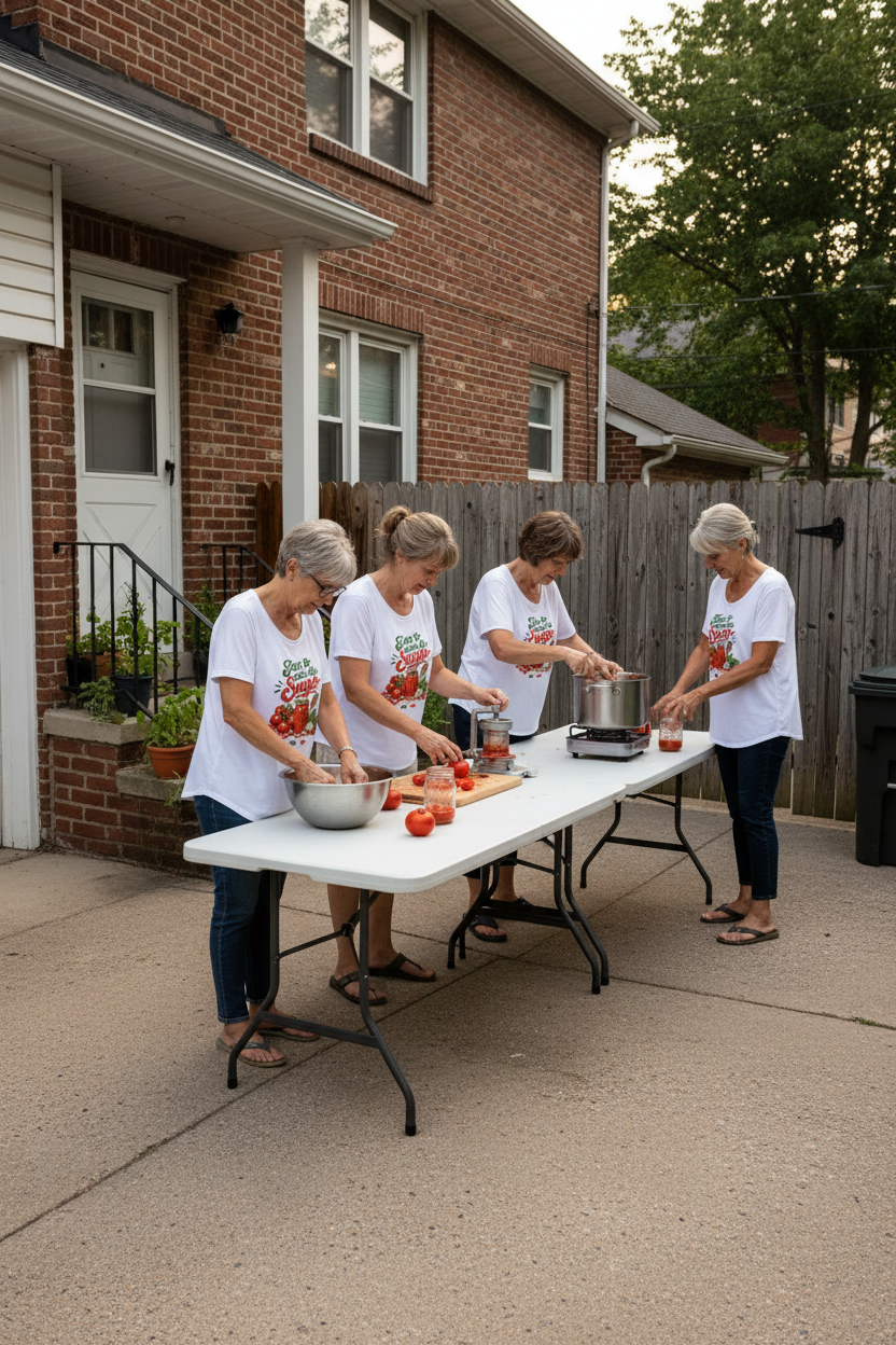 Women making sauce in a private home driveway