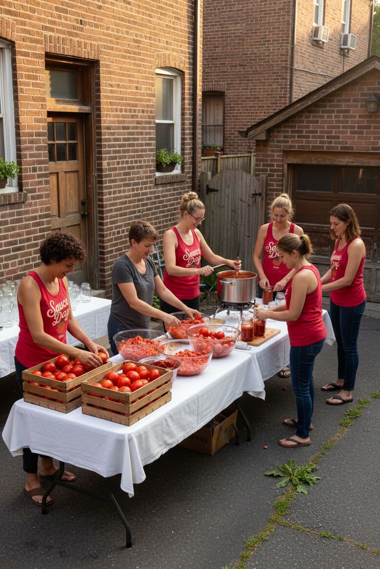 Women making tomato sauce in Sauce Day tank tops