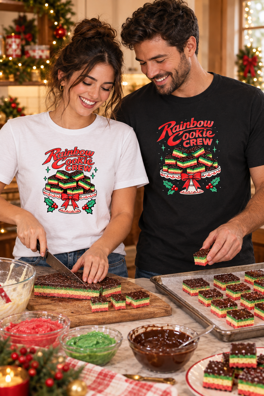 Young couple making rainbow cookies in black and white Rainbow Cookie Crew shirts