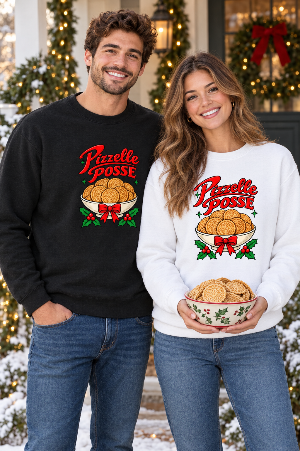 Young couple outdoors wearing black and white Pizzelle Posse sweatshirts, with the woman carrying a bowl of pizzelle