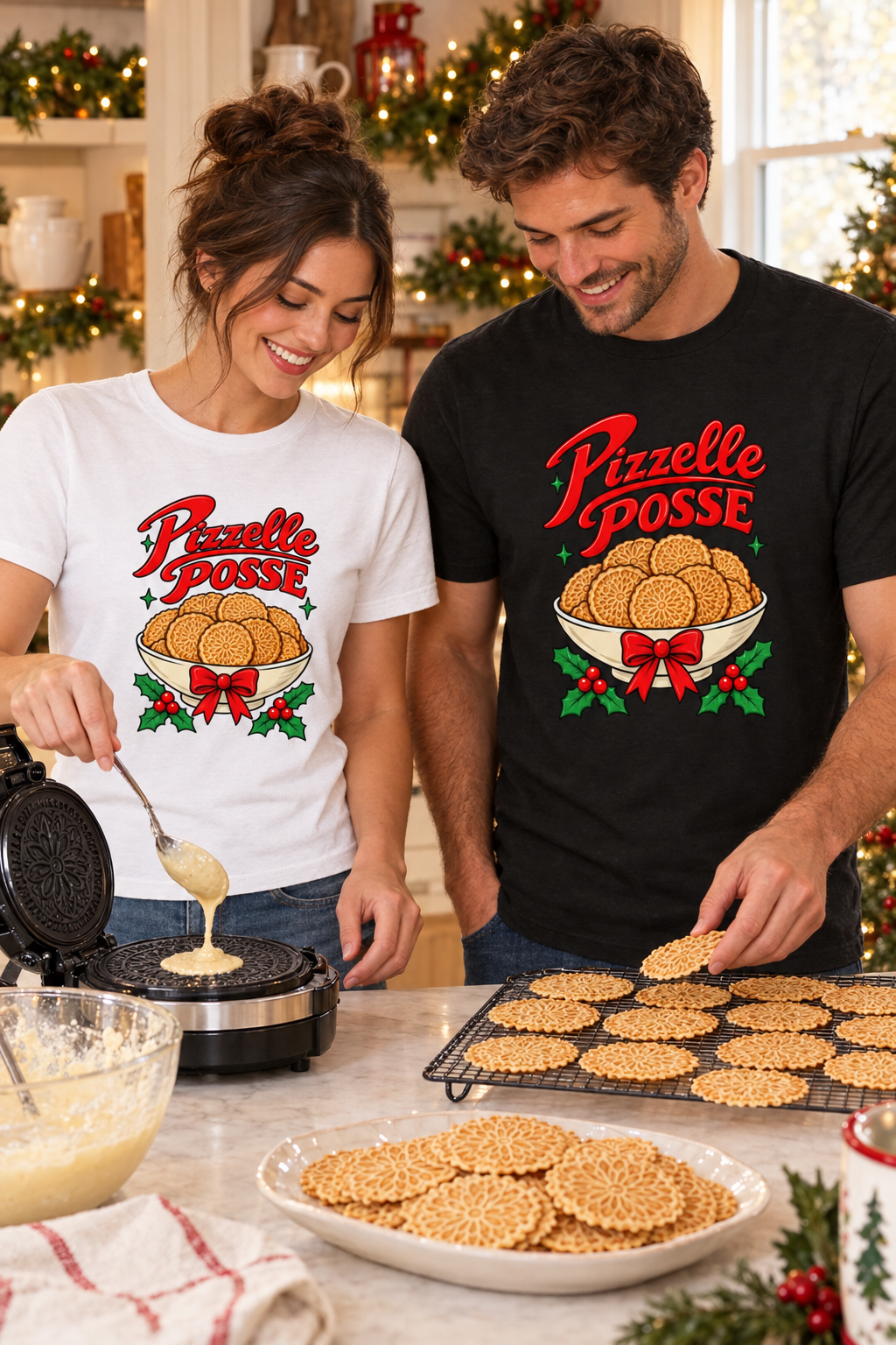 Young couple wearing black and white Pizzelle Posse tees while making pizzelle in a cozy Christmas kitchen