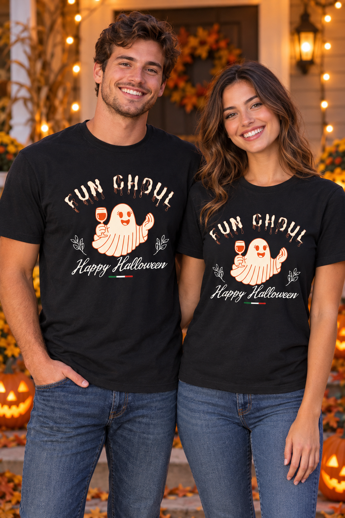 Young couple wearing Fun Ghoul Halloween tees