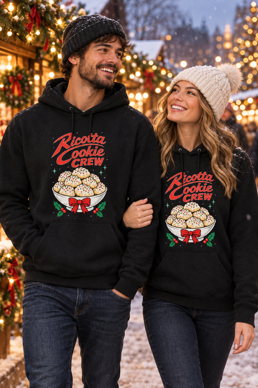 Young couple wearing Ricotta Cookie Crew hoodies outdoors at Christmas