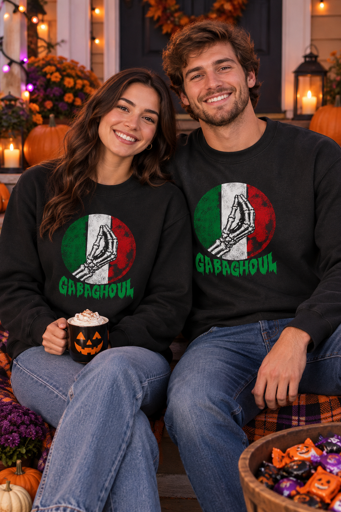 Young couple wearing the Gabaghoul Halloween sweatshirt