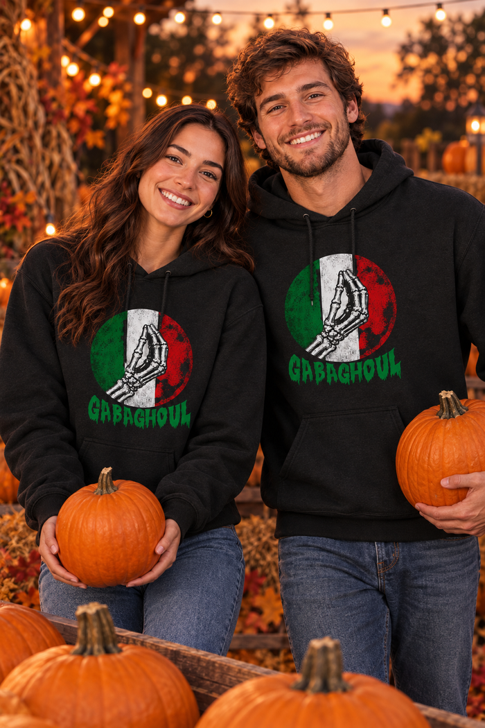 Young couple wearing the Gabaghoul hoodies at a pumpkin patch