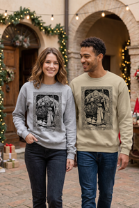 Young couple wearing the gray and sand Befana Storybook sweatshirts