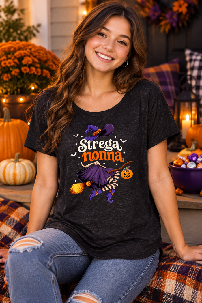 Young girl wearing the Strega Nonna Halloween slouch top