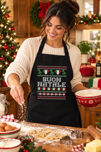 Young Italian-American mother wearing the black Buon Natale Ugly Christmas Apron