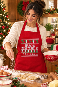 Young Italian-American mother wearing the red Buon Natale Ugly Christmas Apron