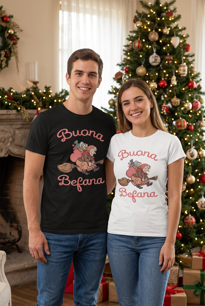 Young man and woman wearing black and white Buona Befana tees