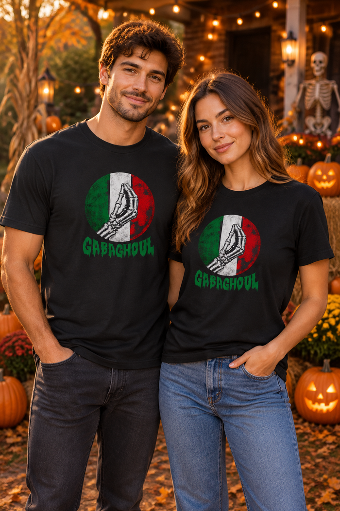 Young man and woman wearing the Gabaghoul tee in a Halloween setting