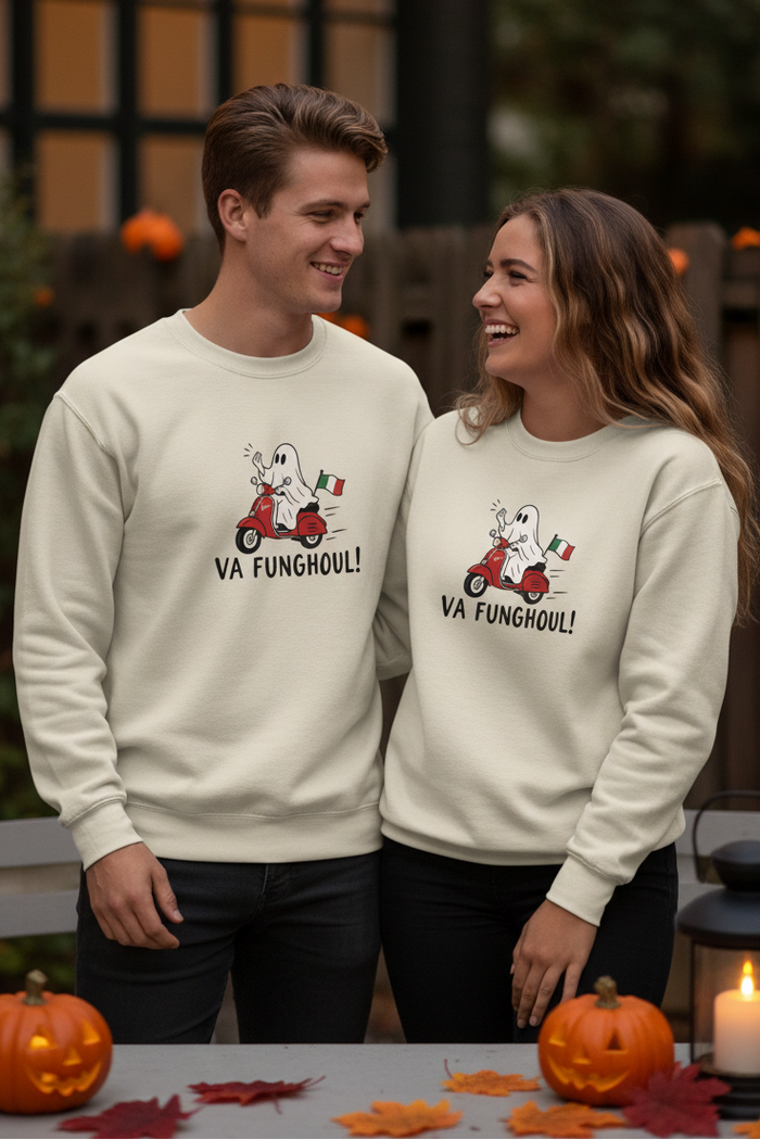 Young man and woman wearing the  va funghoul Halloween sweatshirt