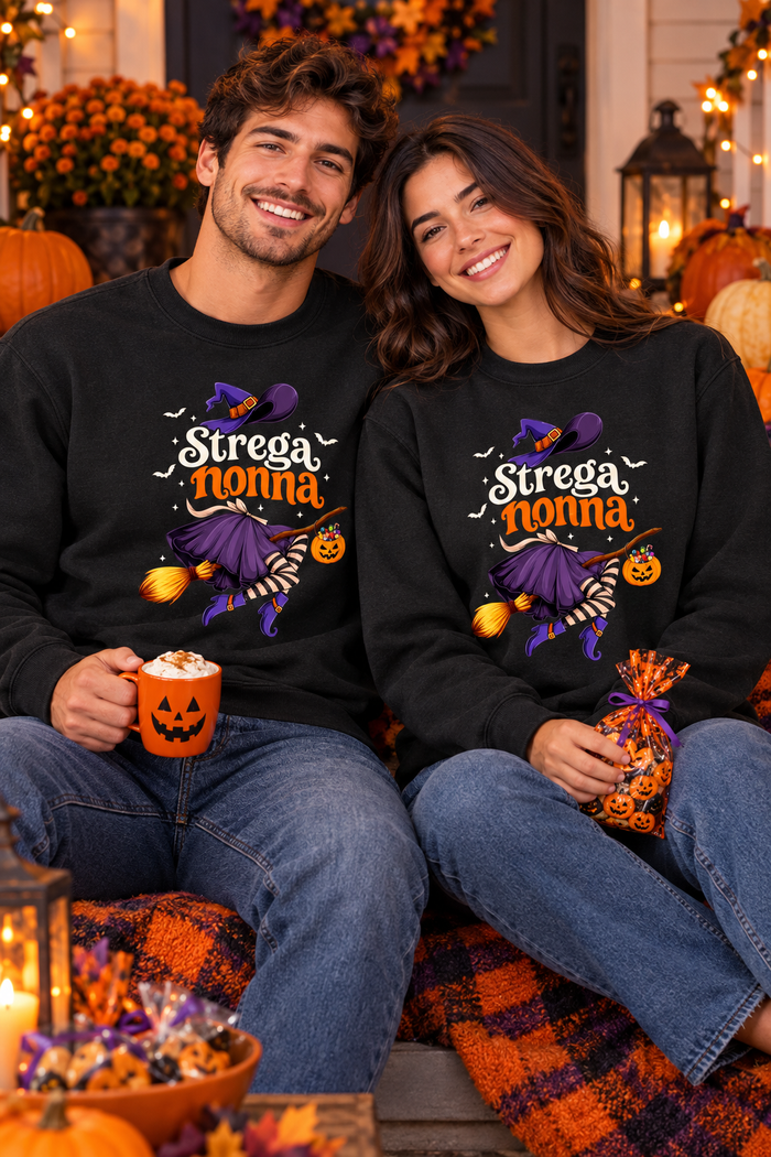 Young man and woman wearing the Strega Nonna Halloween sweatshirt
