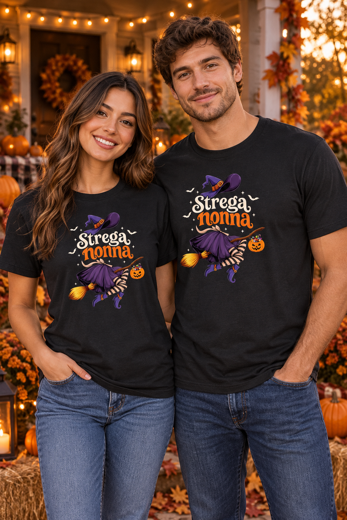 Young woman and man wearing the Strega Nonna tee in a Halloween setting