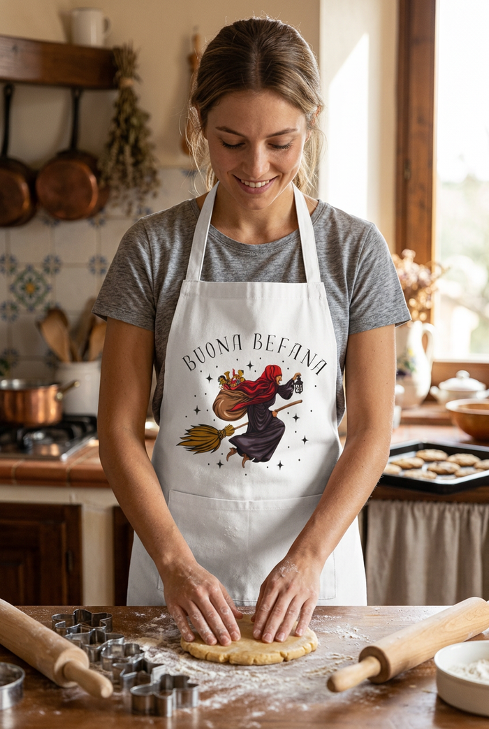 Young woman baking in the Buona Befana apron