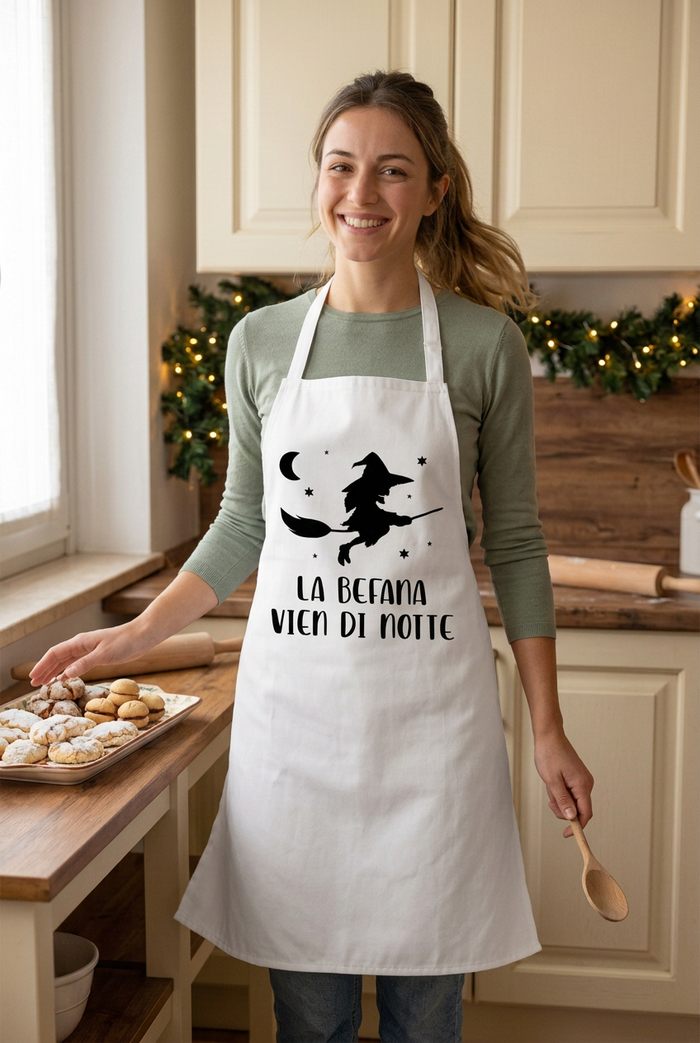 Young woman in the Befana apron turning and reaching for cookies in the kitchen