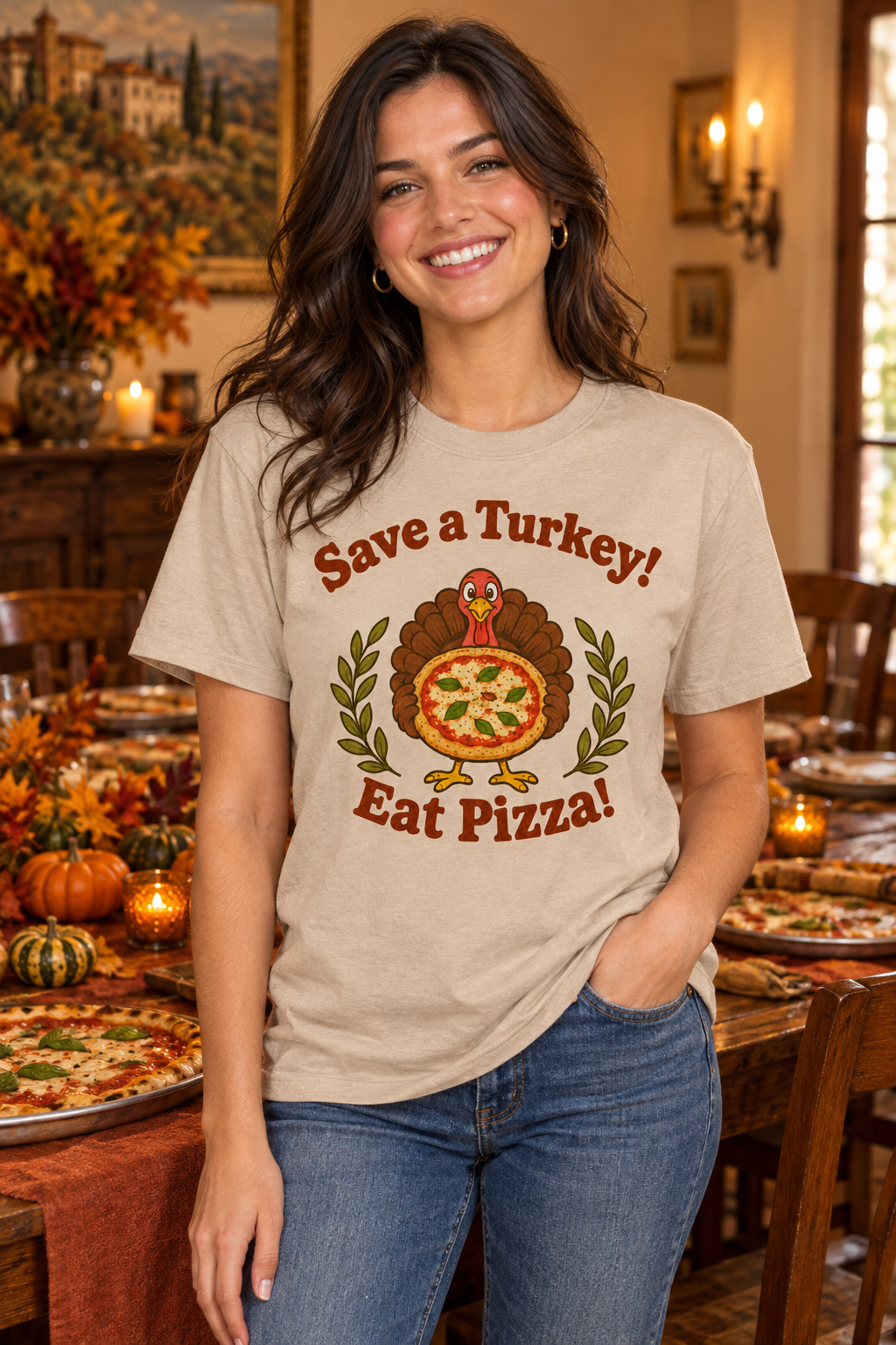 Young woman wearing a Save a Turkey! Eat Pizza! tee at Thanksgiving