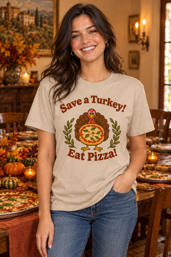 Young woman wearing a Save a Turkey! Eat Pizza! tee at Thanksgiving