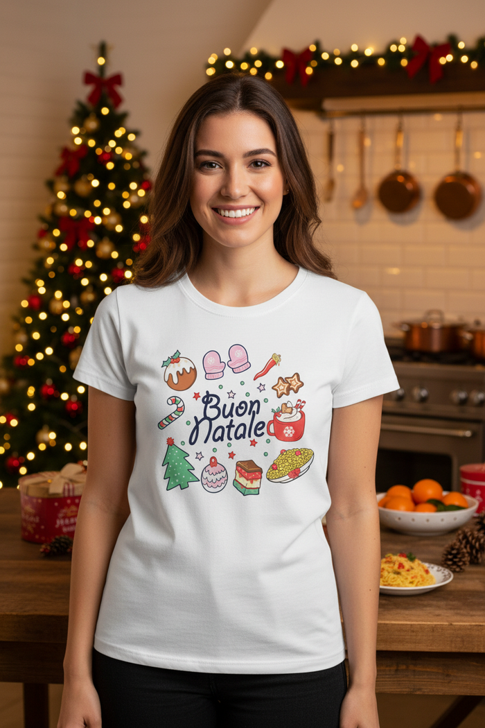 Young woman wearing the Buon Natale Fantasy T-shirt