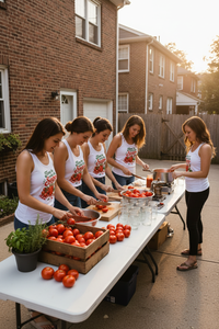 Younger women making tomato sauce in matching tank tops