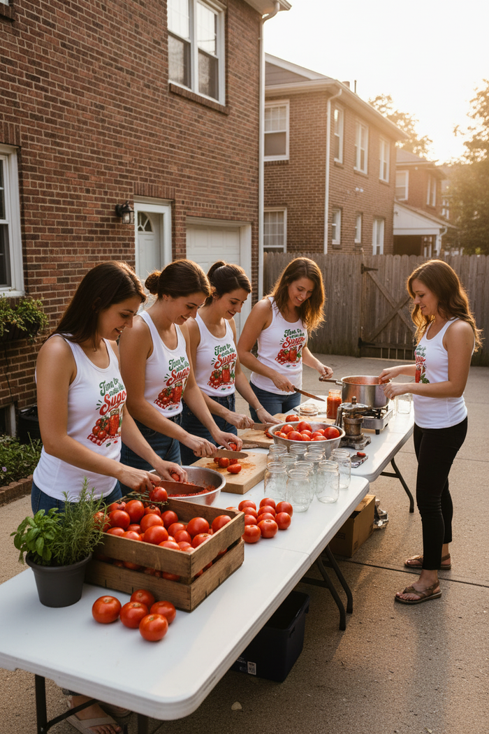 Younger women making tomato sauce in matching tank tops