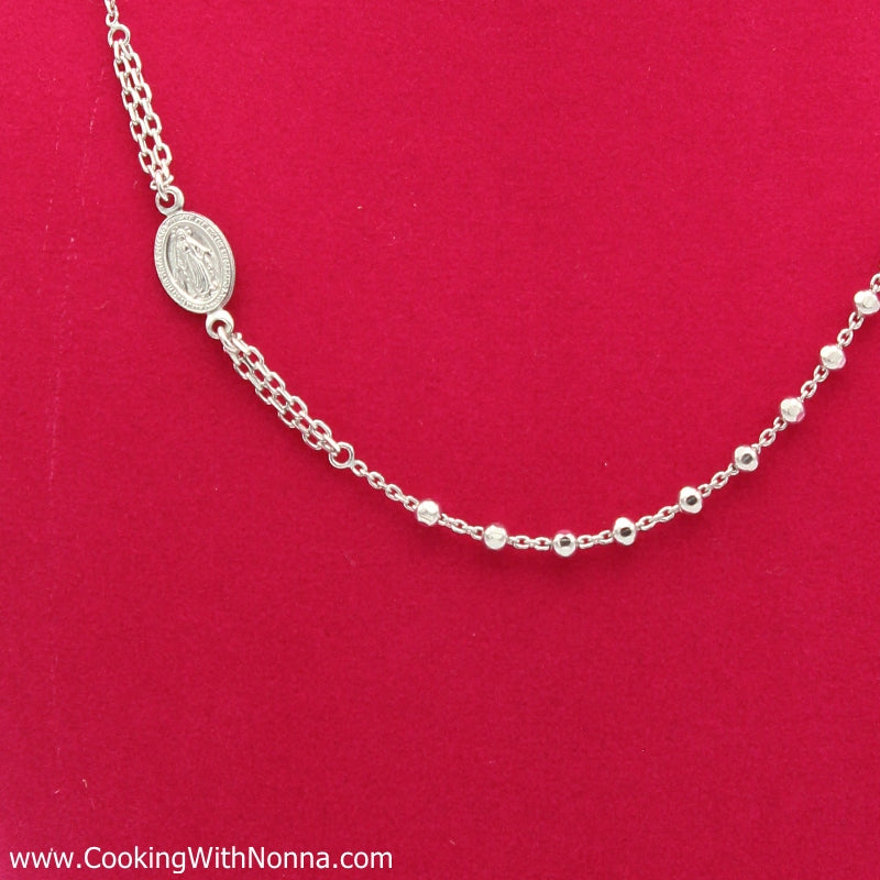 Ave Maria Silver Rosary Necklace - White Gold Plated