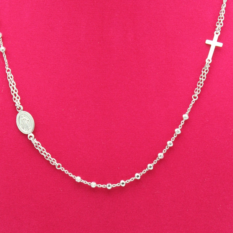 Ave Maria Silver Rosary Necklace - White Gold Plated