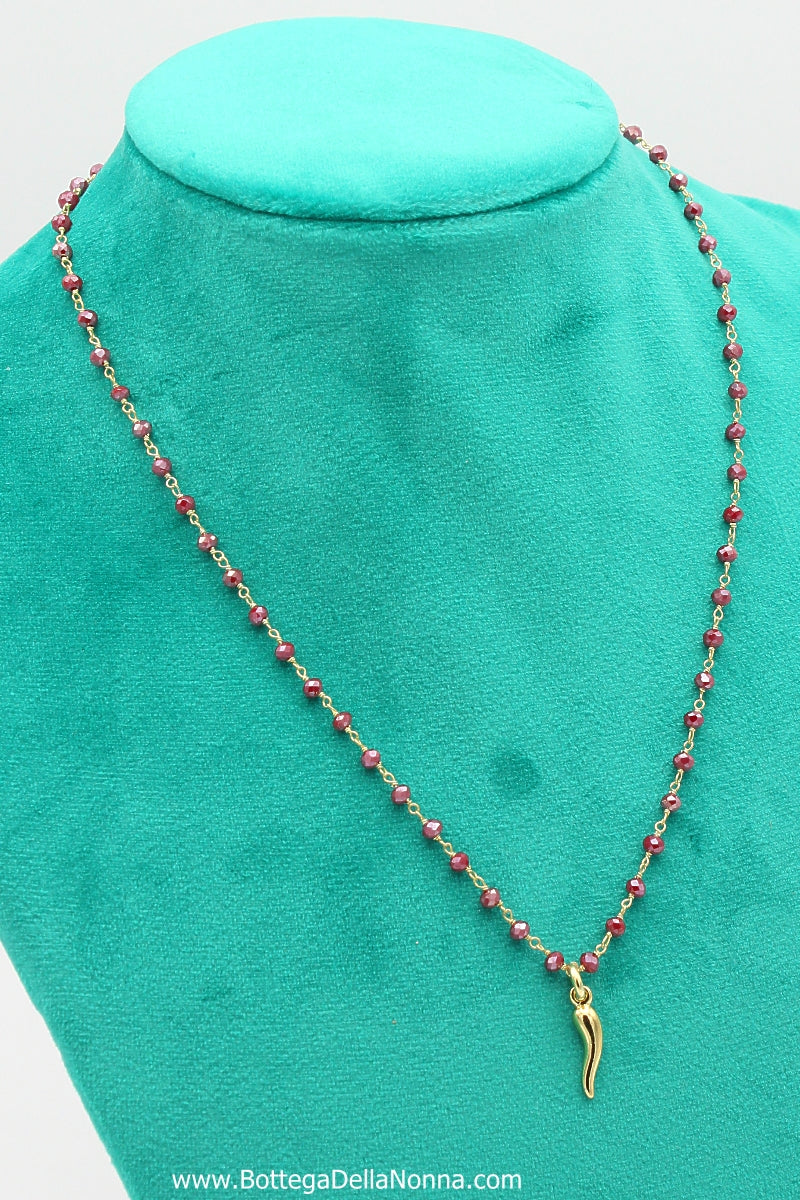 The Silver Beaded Cornicello Necklace - Red Beads