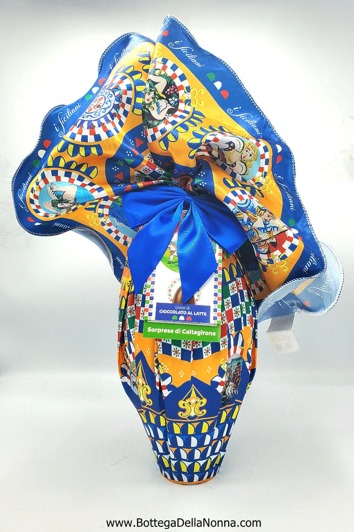 Large Dark Chocolate Easter Egg in Traditional Sicilian Cloth with Surprise