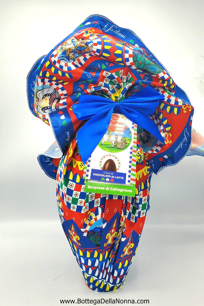 Large Dark Chocolate Easter Egg in Traditional Sicilian Cloth with Surprise