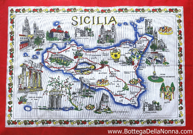 Sicilia Map - Red - Dish Towel - Made in Italy